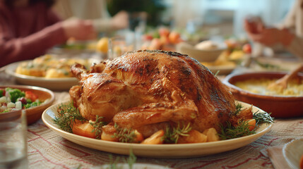 Roasted turkey on a table ready for a feast, with family gathered around