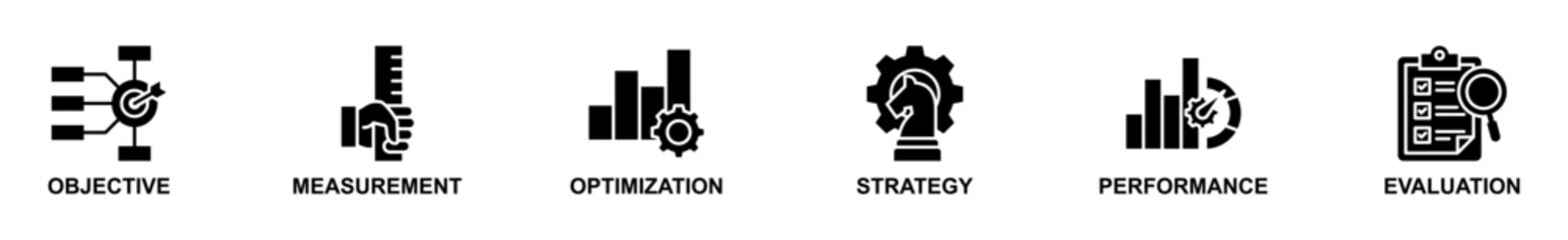Banner web of KPI icons vector illustration. Concept of objective, measurement, optimization, strategy, performance, and evaluation. Simple glyph vector illustration.