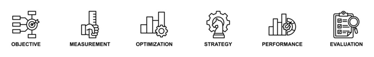 Banner web of KPI icons vector illustration. Concept of objective, measurement, optimization, strategy, performance, and evaluation. Simple line vector illustration.