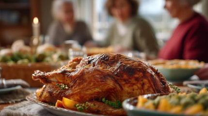 Roasted turkey centerpiece in warm family gathering celebrating at dining table ready for meal time