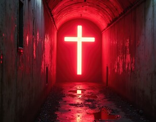 Red neon cross glows in dark abandoned tunnel. Wet floor reflects bright light, grunge walls show decay. Eerie, gothic vibe, mystic atmosphere, religious symbol.