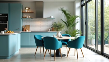 Fototapeta premium Modern apartment dining area features teal chairs around light wood table. Kitchen cabinets with white brick backsplash complement bright airy space with large windows, green plants. Comfortable home