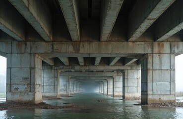 Vast concrete bridge supports form a tunnel perspective over murky water. Heavy concrete pillars create repetitive patterns receding into fog. Industrial architecture under overpass, decay.