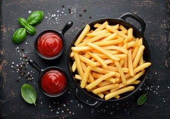 Crispy French Fries with Ketchup and Fresh Basil – Gourmet Snack Flat Lay