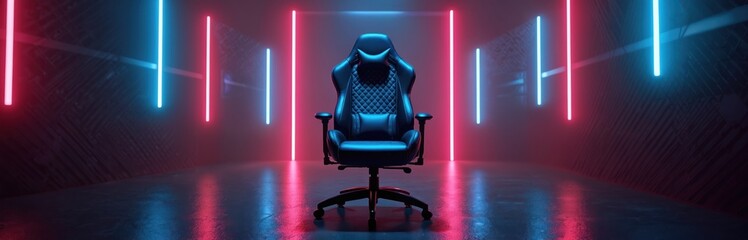 Black gaming chair sits in dark room illuminated by red and blue neon lights. This setup suggests esports, online gaming, and virtual competition for modern entertainment. Ready for intense play.