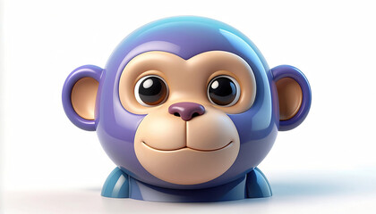 Cute 3D purple cartoon monkey head character with big eyes isolated on a white background