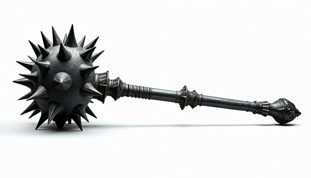 Spiked medieval mace weapon with ornate handle on white backdrop. Heavy metal war mace has sharp spikes on ball head. Used for combat, battle, or historical reenactment.