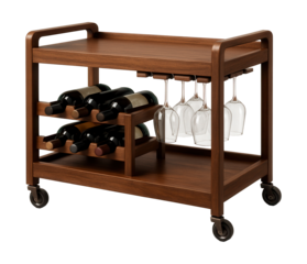 Wooden service cart featuring a wine rack and glass holder for home entertaining.