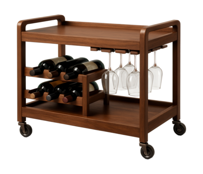Wooden service cart featuring a wine rack and glass holder for home entertaining.