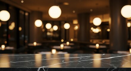 Warm glow of hanging spherical lights creating a cozy atmosphere in a dimly lit restaurant interior