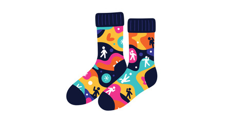 Colorful patterned socks featuring abstract shapes and silhouettes of people in motion.