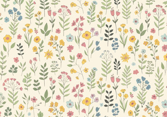 Hand drawn pattern with flowers, leaves and berries. Seamless pattern with snall flowers and plants on pastel background.