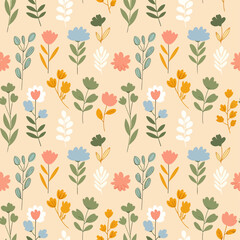 Cute yellow flowers and green leaf with berry seamless pattern.