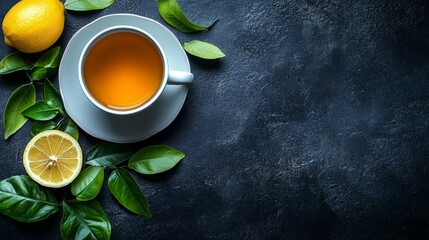 Cup of tea with lemon on a black background, top view? copy space