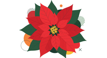 Festive red poinsettia flower with green leaves and abstract colorful shapes on a white background.