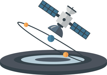 Satellite orbiting planets above a platform, vector illustration.