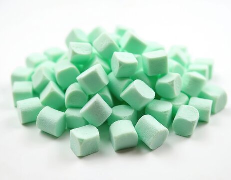 Pile of green foam chips used as packaging filler. Cushion material protects parcels during shipping. Light colored background with soft shadows.