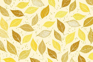 Seamless pattern of yellow leaves in simple illustration style on light background, featuring cute design with gold glitter texture for seasonal decoration and print.