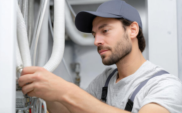 Focused technician performing maintenance, flushing drain line for central air conditioning system. professional man works with intense concentration on repair job