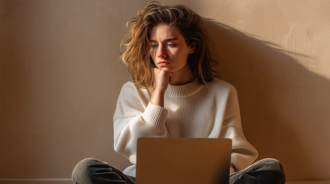Focused woman working on laptop sitting on floor with thoughtful expression - Powered by Adobe