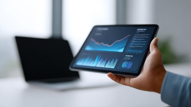 Focused business professional holding digital tablet with screen showing financial data analysis. graph and chart on application indicate growth and finance technology