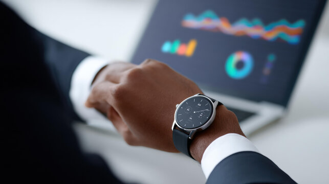 Focused african businessman in suit checking time on watch at workplace. laptop with stock graph shows pressure of deadline for project