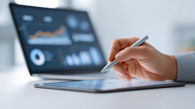 Focused professional using modern technology for business data analysis. Reviewing finance report with chart and graph to plan new corporate strategy