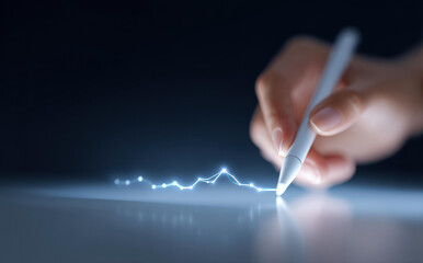 Focused hand drawing futuristic glowing digital line graph with stylus. An innovative technology concept showing business data analysis, growth, and stock market trends