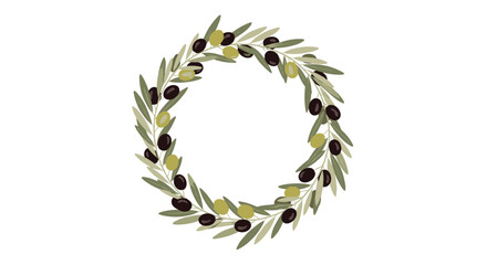 Circle wreath of olive branches with black and green olives and leaves.