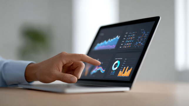 Focused businessman analyzing digital dashboard on laptop screen with chart. man hand points to data showing business intelligence and financial statistics