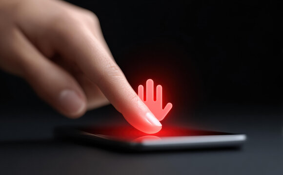 Finger touch on smartphone screen showing red stop hand warning. Security concept for access denied and to block unauthorized use. Digital protection and control
