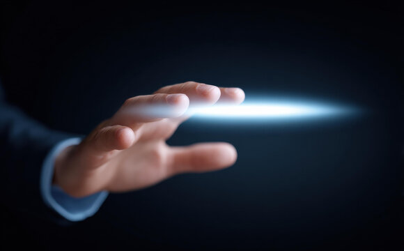Businessman hand touching futuristic blue light ray. powerful gesture symbolizing technology, innovation, control, and interaction with virtual interface on dark background