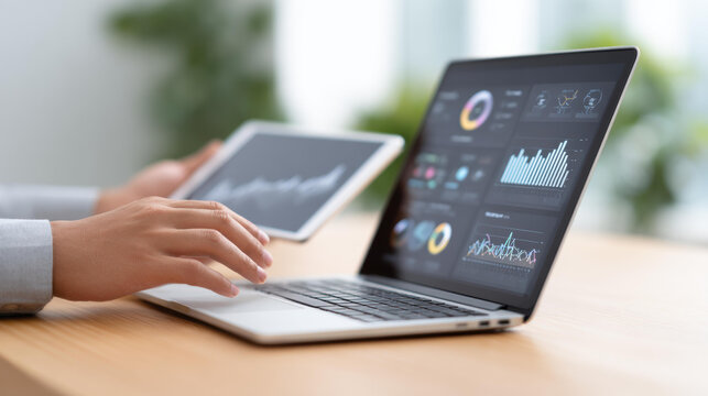 Focused business person analyzing financial data on laptop and tablet computer. screen shows chart, graph, and statistics for marketing and strategy planning in office