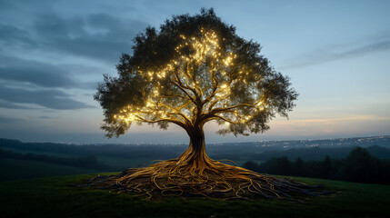 Obraz premium Magnificent illuminated tree on a hilltop in a serene landscape with roots and branches glowing 