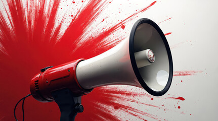 Classic red, white megaphone amplifies sound against abstract red paint splash. Retro bullhorn on white background represents loud broadcast, vintage alert, public announcement for marketing or news.