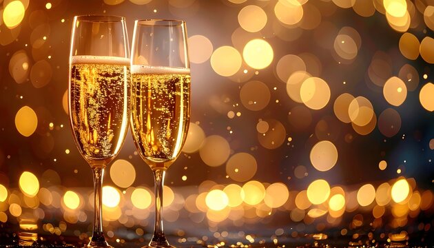 Two elegant champagne glasses make a toast against a sparkling golden bokeh background for a festive occasion