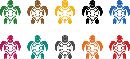 Sea turtle icons facing forward in different hues, Colorful front view turtle symbols