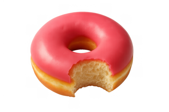 Pink frosted donut with a bite mark, revealing the fluffy texture inside. Sweet pastry dessert with transparent background - Powered by Adobe