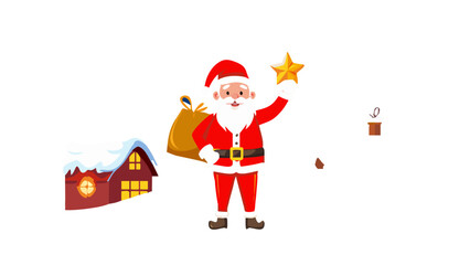 A cheerful Santa Claus standing on a snowy rooftop at night, holding a glowing gift sack, with stars sparkling in the winter sky.