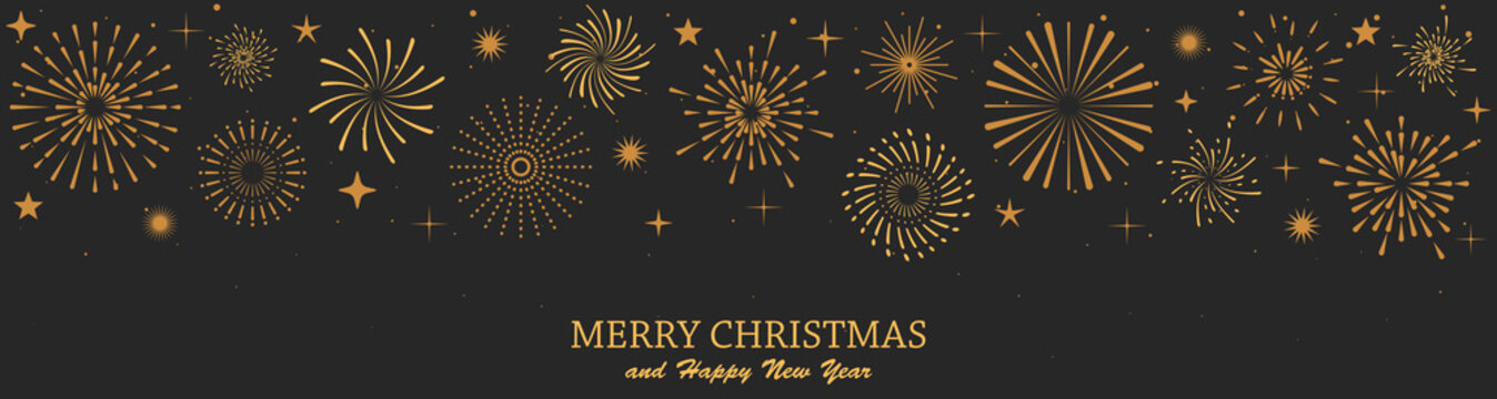 Festive gold fireworks vector forming a Christmas border on dark background. Christmas fireworks and glowing sparkles create a warm, elegant frame for holiday cards and celebration layouts.