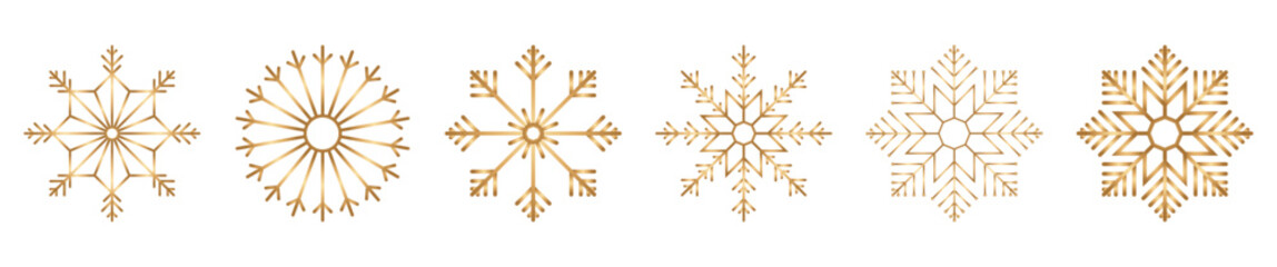 Gold snowflakes vector icons set with winter snowflake symbols in decorative line style. Snowflakes vector elements for Christmas cards, holiday banners and luxury seasonal designs.