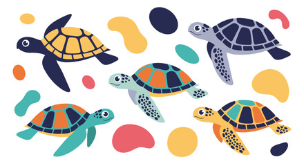 Cute cartoon sea turtles swimming among colorful organic shapes and dots.