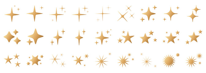 Star icons set with grouped golden star shapes. Star symbols arranged in clusters on white background, vector elements for cards, banners, posters, seasonal designs. Star collection for clean graphic 