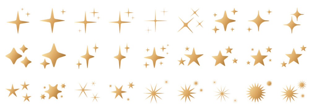 Star icons set with grouped golden star shapes. Star symbols arranged in clusters on white background, vector elements for cards, banners, posters, seasonal designs. Star collection for clean graphic 