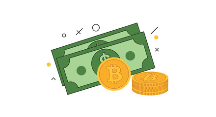 Illustration of dollar bills and bitcoin coins on a white background with abstract shapes.