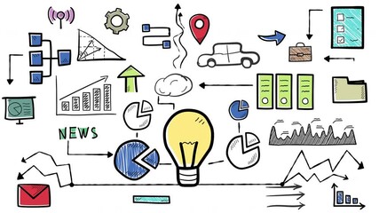 Light bulb representing innovative business idea surrounded by hand-drawn icons