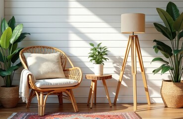 Wicker rattan armchair with plush pillow next to wood tripod floor lamp, green potted plants in bright room. Cozy boho interior style with natural textures, warm light. Relaxed ambiance for home