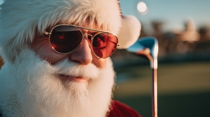 A senior Caucasian man with a white beard and sunglasses wears a Santa hat. He holds a golf club, set against a sunny outdoor background.
