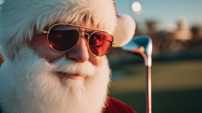 A senior Caucasian man with a white beard and sunglasses wears a Santa hat. He holds a golf club, set against a sunny outdoor background. - Powered by Adobe