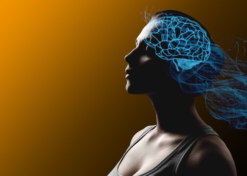 Young woman with digital brain icon - Powered by Adobe